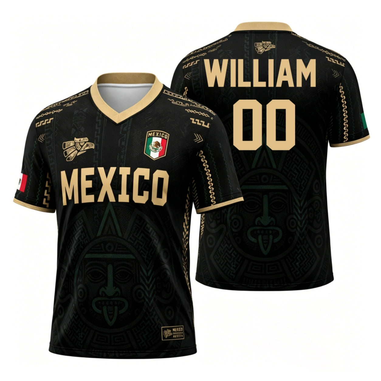 Black Gold Aztec Tribal Mexico Custom Jersey, Personalized Mexican Flag Soccer Uniform With Custom Name Number