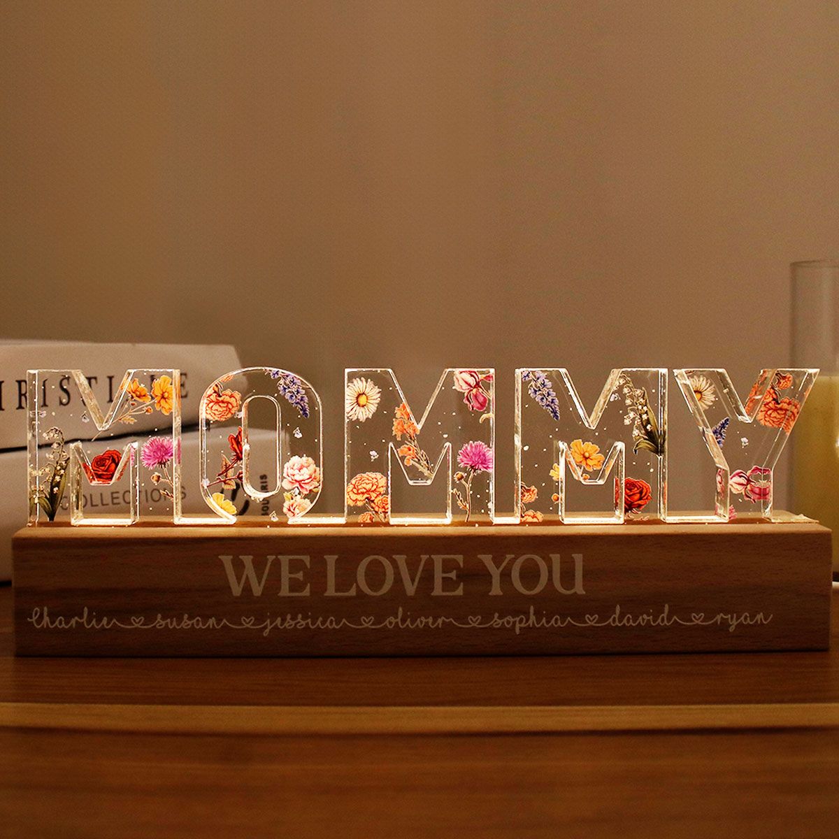Custom Flower Printed LED Night Light, Birth Month Flower, Mother's Day Gift For Mom, For Grandma, For Wife