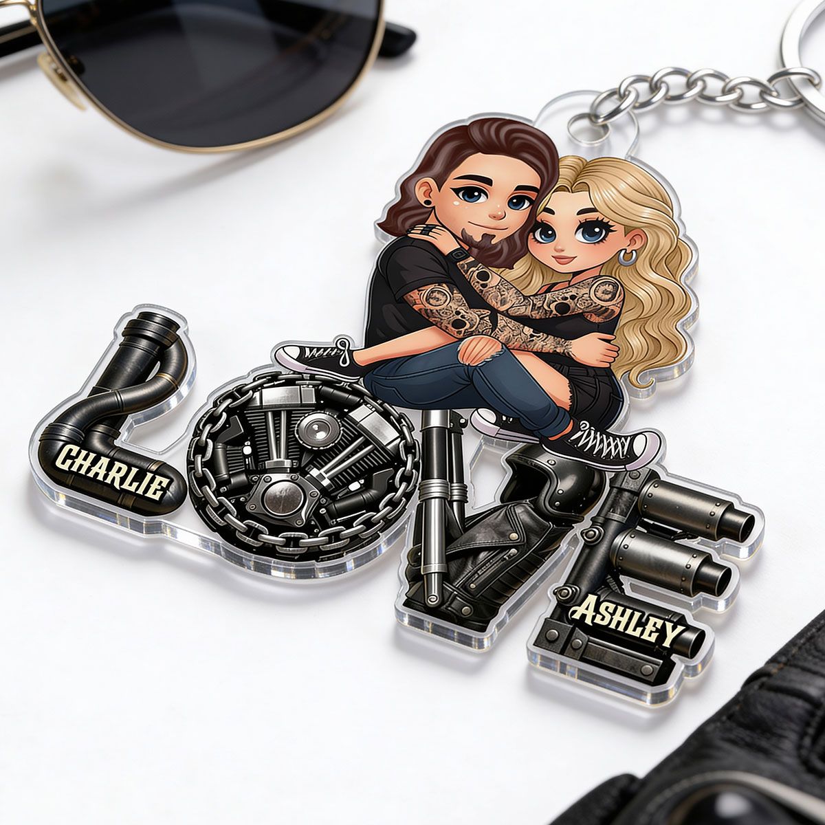 Biker Couple Together - Personalized Acrylic Keychain - Gift For Bikers, Gift For Him, For Her