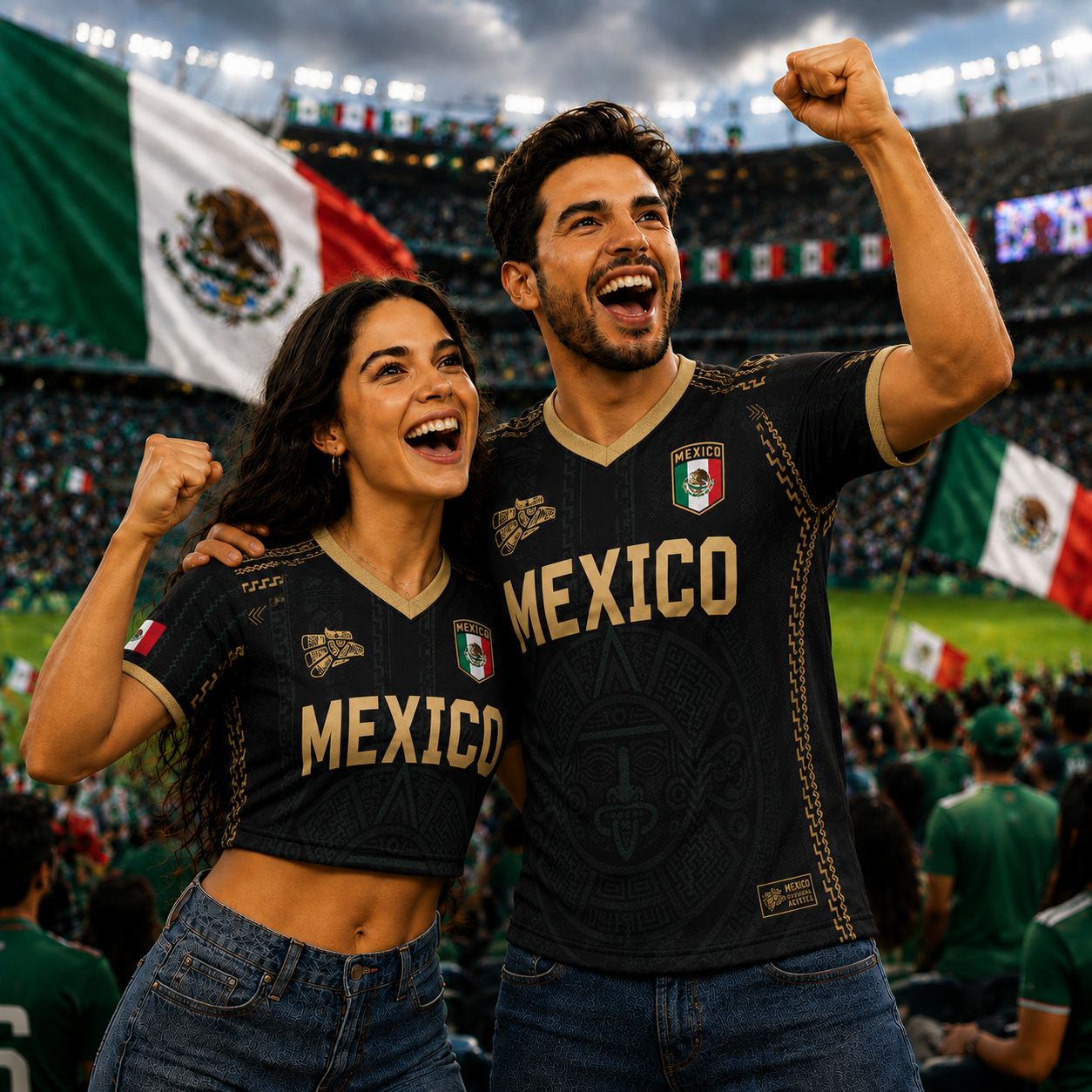 Black Gold Aztec Tribal Mexico Custom Jersey, Personalized Mexican Flag Soccer Uniform With Custom Name Number