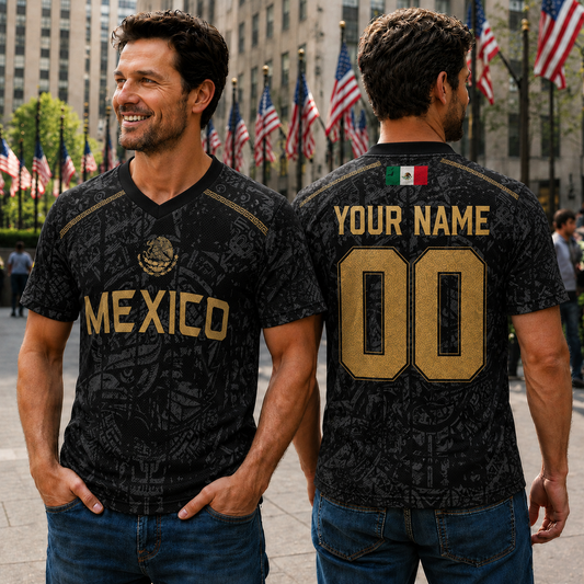 Personalized Mexican Eagle Black Gold Custom Sports Jersey