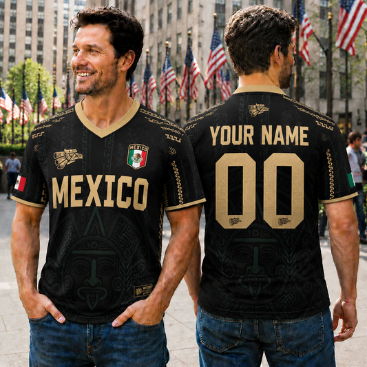 Black Gold Aztec Tribal Mexico Custom Jersey, Personalized Mexican Flag Soccer Uniform With Custom Name Number