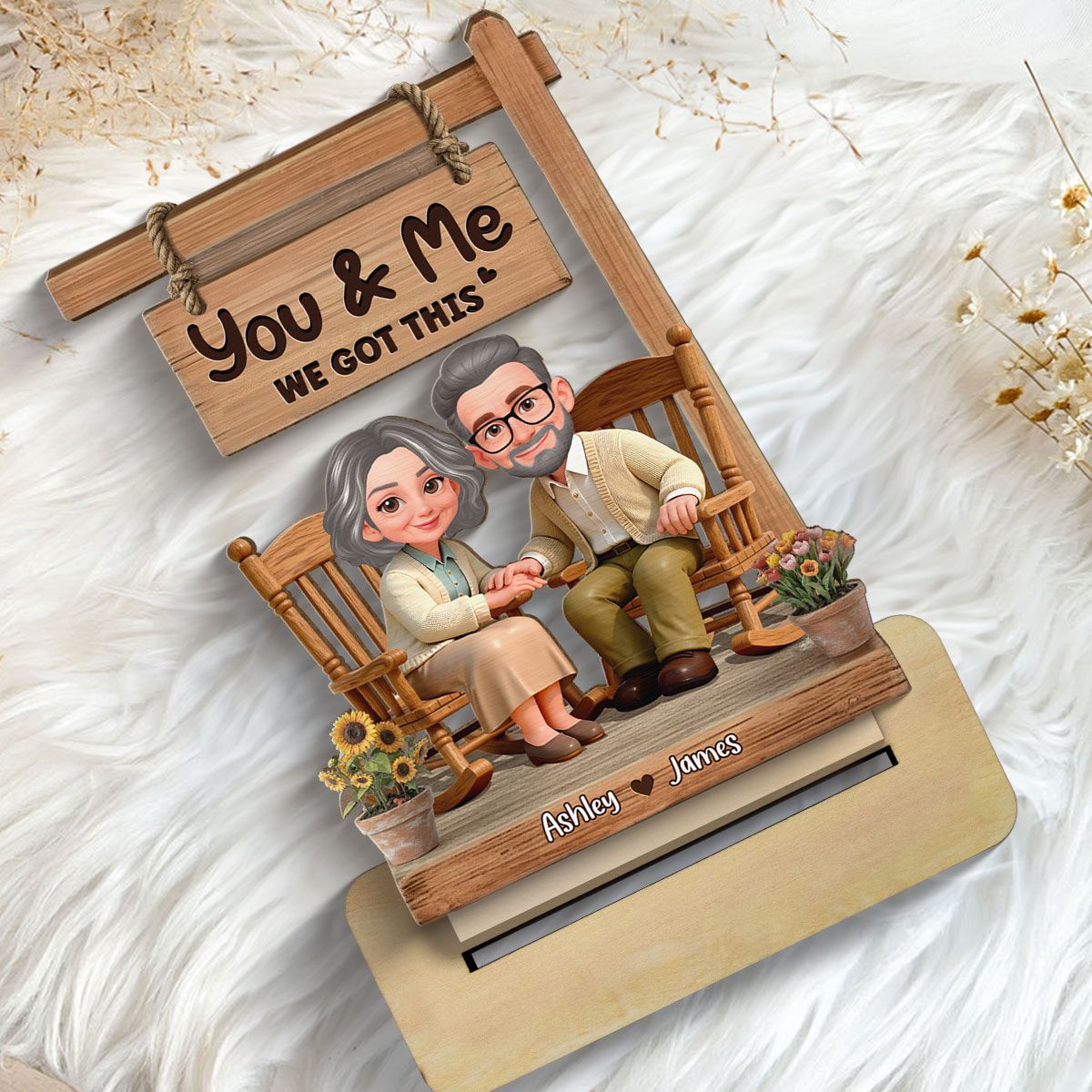 Old Couple Sitting Together Hand On Hand 2D Flat - Personalized 2-Layered Wooden Plaque - Anniversary, Valentine's Day Gift For Him, Gift For Her