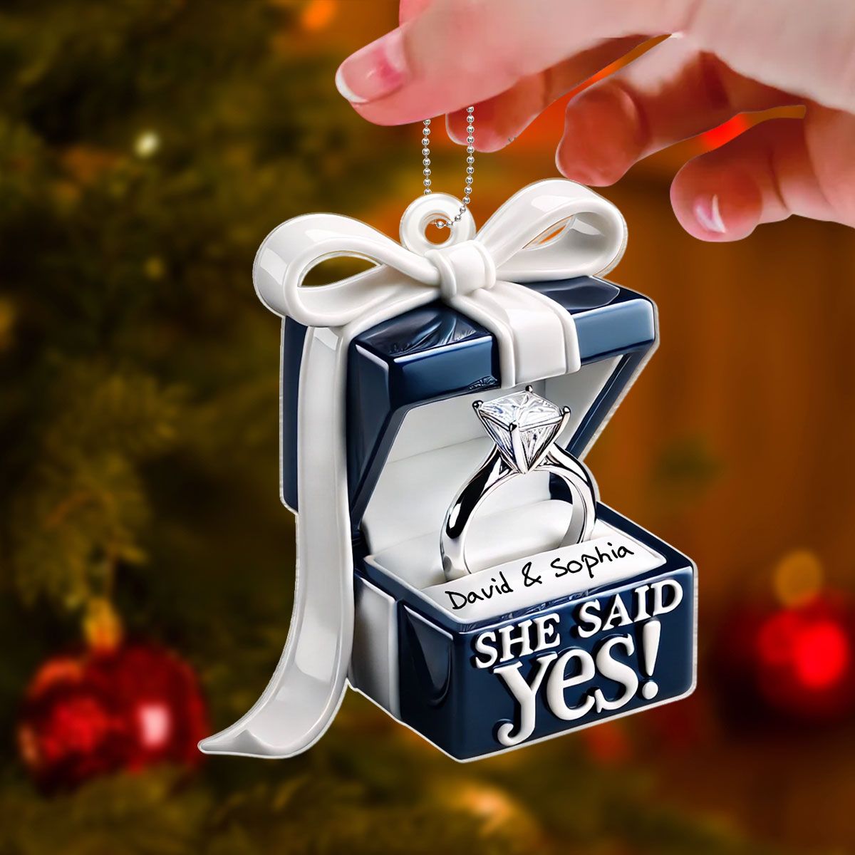 Personalized Blue Engagement Ring Box Personalized 2D Flat Acrylic Ornament, Anniversary Gift for Couple