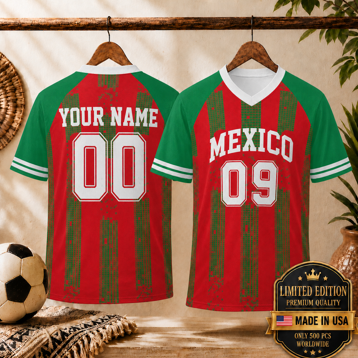 Personalized Retro Mexico Patriotic Football Jersey, Custom Mexican Flag Color Uniform Tee