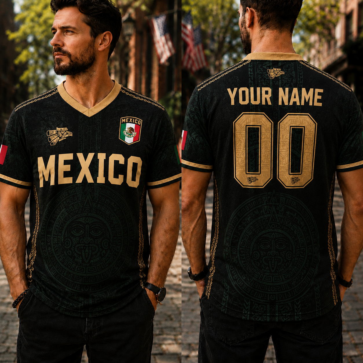 Black Gold Aztec Tribal Mexico Custom Jersey, Personalized Mexican Flag Soccer Uniform With Custom Name Number