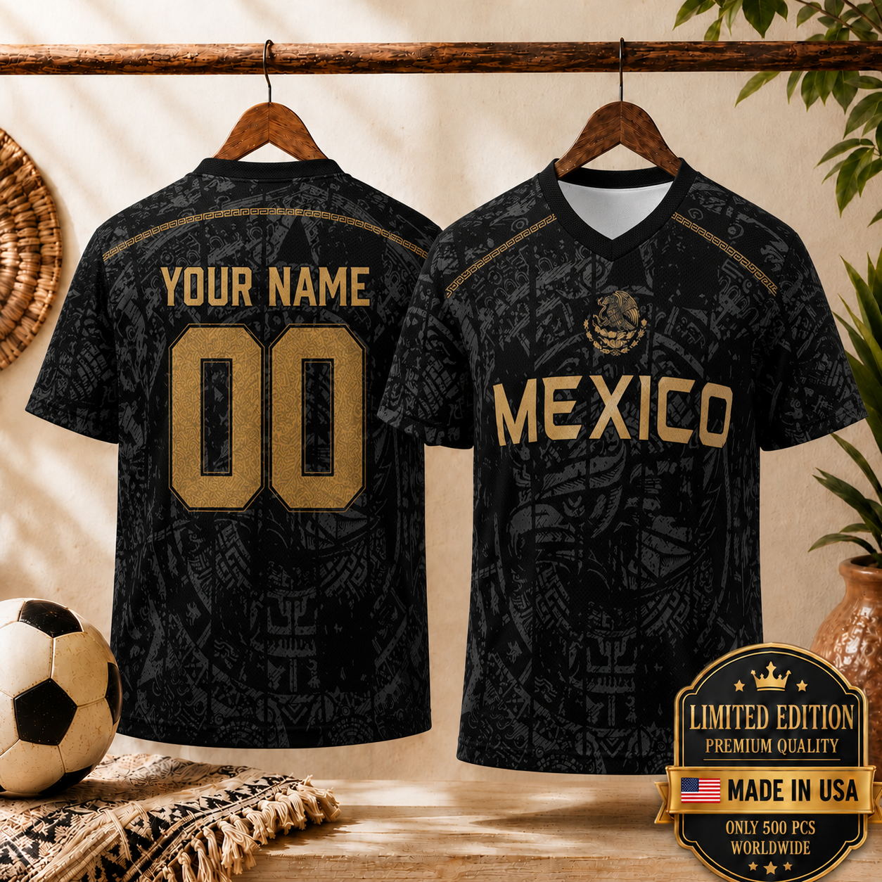 Personalized Mexican Eagle Black Gold Custom Sports Jersey