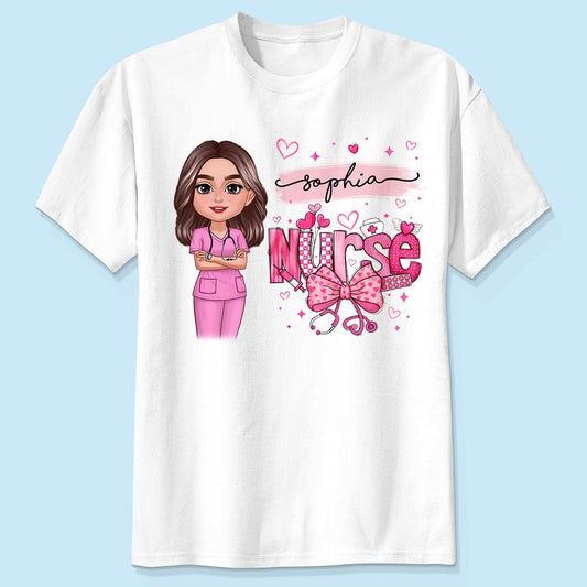 Nurse Pink Coquette Bow Personalized Shirt, Birthday Valentine's Day Gift For Nurse Wife Girlfriend Bestie