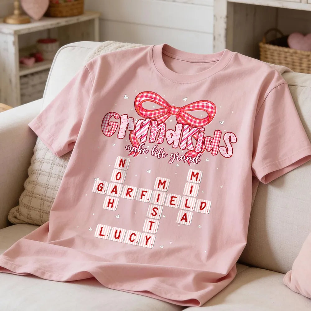 Grandkids Make Life Grand Preppy Valentine Pattern Crossword Puzzle Art - Personalized Shirt - Valentine's Day Gift For Grandma