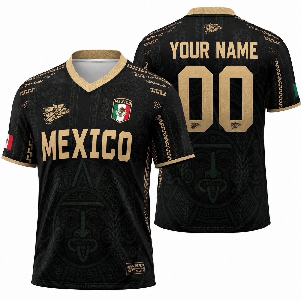 Black Gold Aztec Tribal Mexico Custom Jersey, Personalized Mexican Flag Soccer Uniform With Custom Name Number