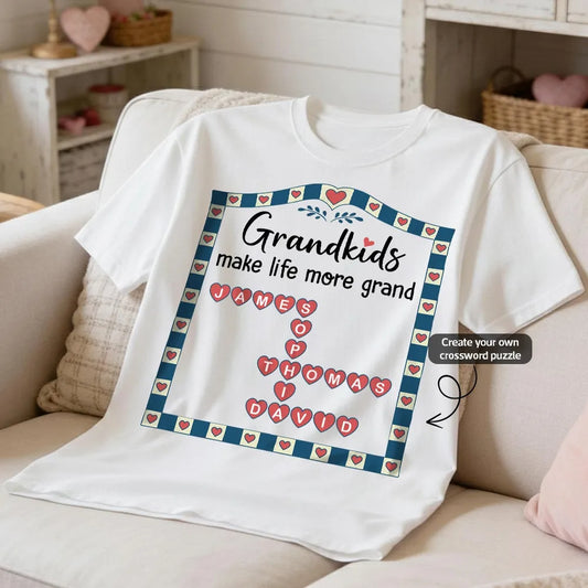 Old School Vintage Grandkids Names Crossword Puzzle Art - Personalized Shirt - Gift For Grandma
