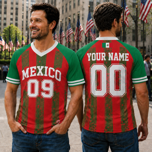 Personalized Retro Mexico Patriotic Football Jersey, Custom Mexican Flag Color Uniform Tee