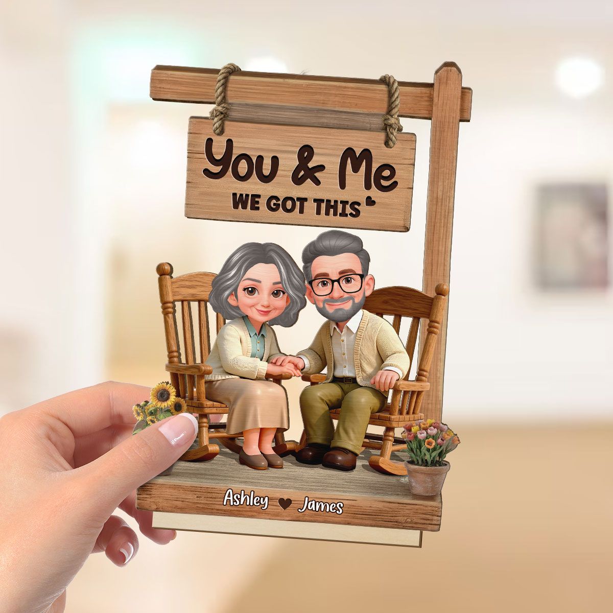 Old Couple Sitting Together Hand On Hand 2D Flat - Personalized 2-Layered Wooden Plaque - Anniversary, Valentine's Day Gift For Him, Gift For Her