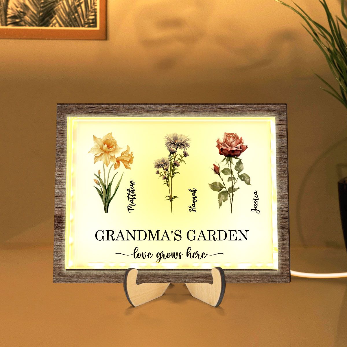 Grandma's Garden Love Grows Here Birth Month Flower Personalized 2-Layered Wooden Frame with LED, Heartfelt Mother's day gift for Grandma, Mom