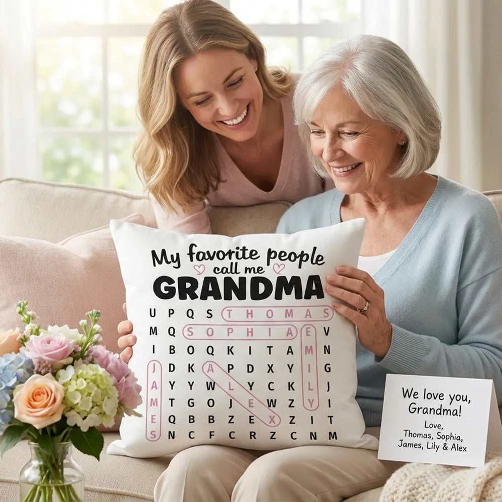 Grandma's Favorite People Word Search Puzzle - Personalized Pillow - Mother's Day Gift For Grandma Mom