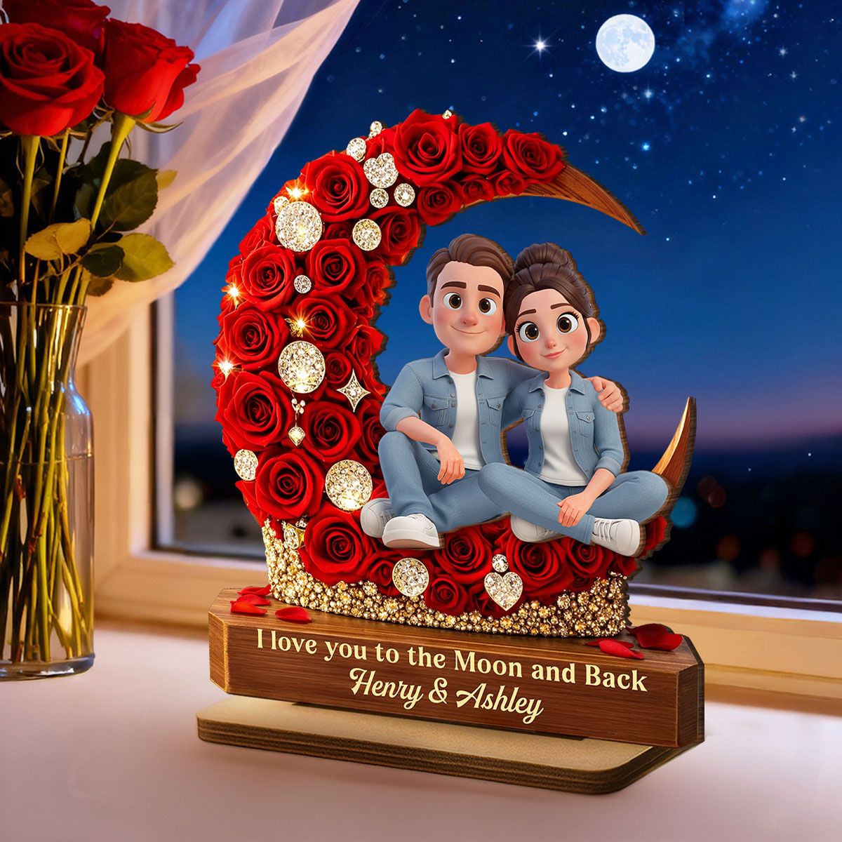 I Love You to the Moon and Back Romantic Love - Personalized 2-Layered Wooden Plaque - Heartfelt Valentine's Day Gift for Her, for Him