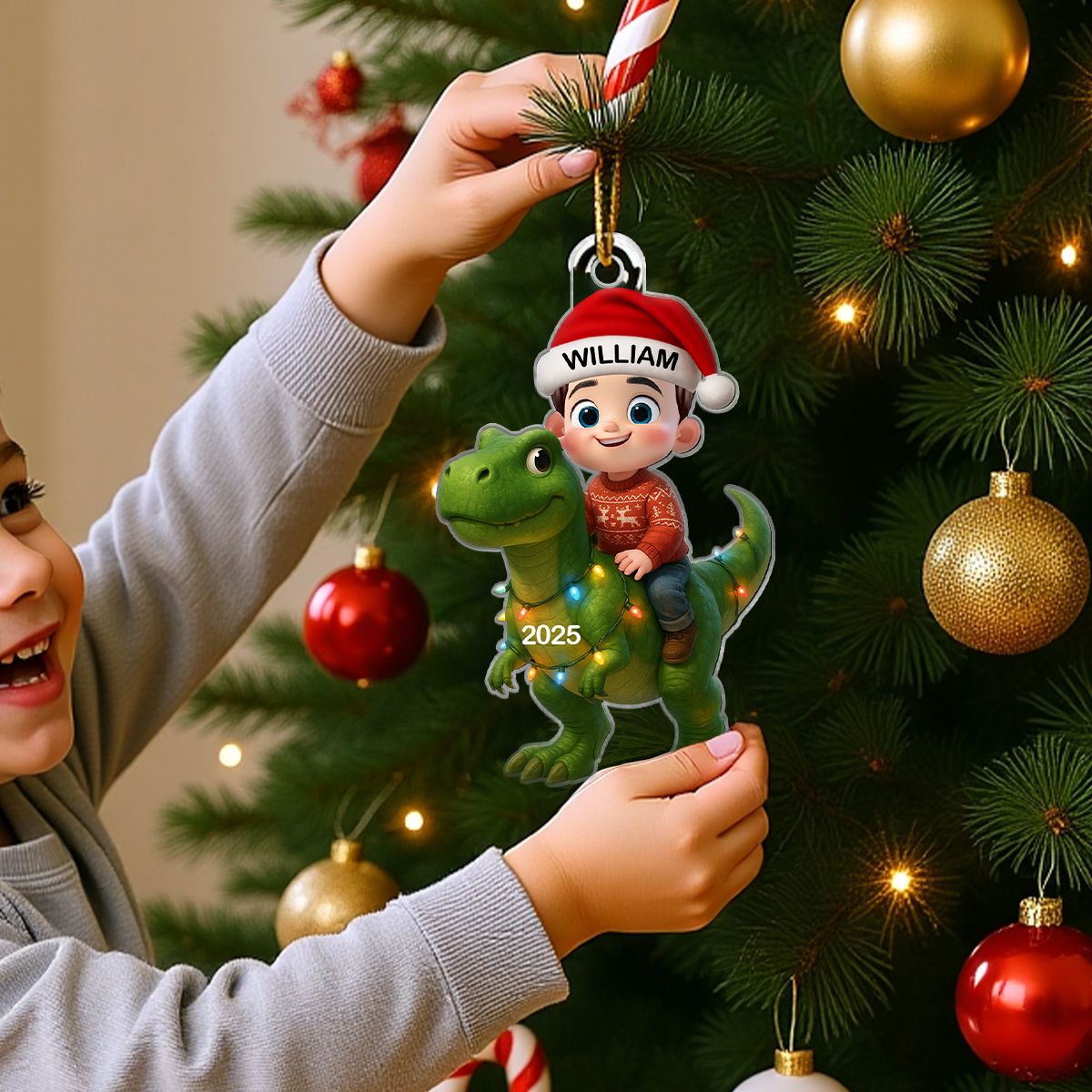 3D Effect Cute Cartoon Kid With Dinosaur Christmas Personalized Acrylic Ornament