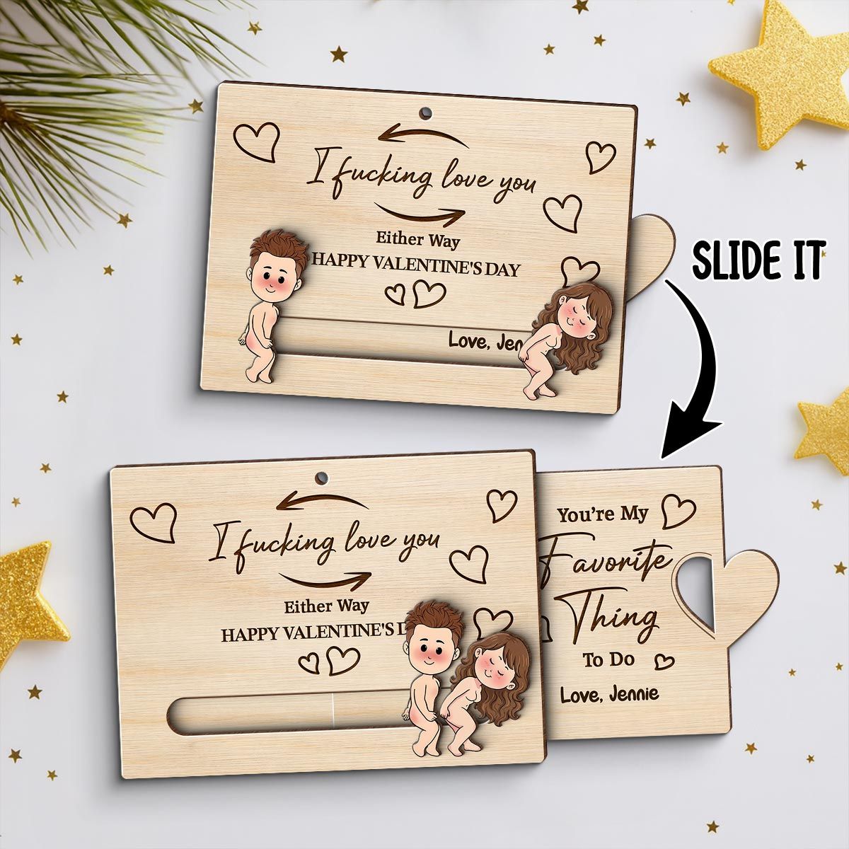 Fcking Love You Funny Inappropriate Couple Cartoon - Personalized Wooden Slider Ornament - Valentine's Day Gift For Him, For Her