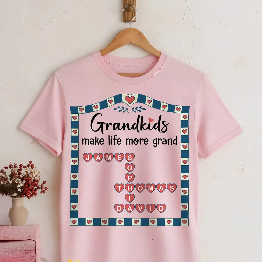 Old School Vintage Grandkids Names Crossword Puzzle Art - Personalized Shirt - Gift For Grandma