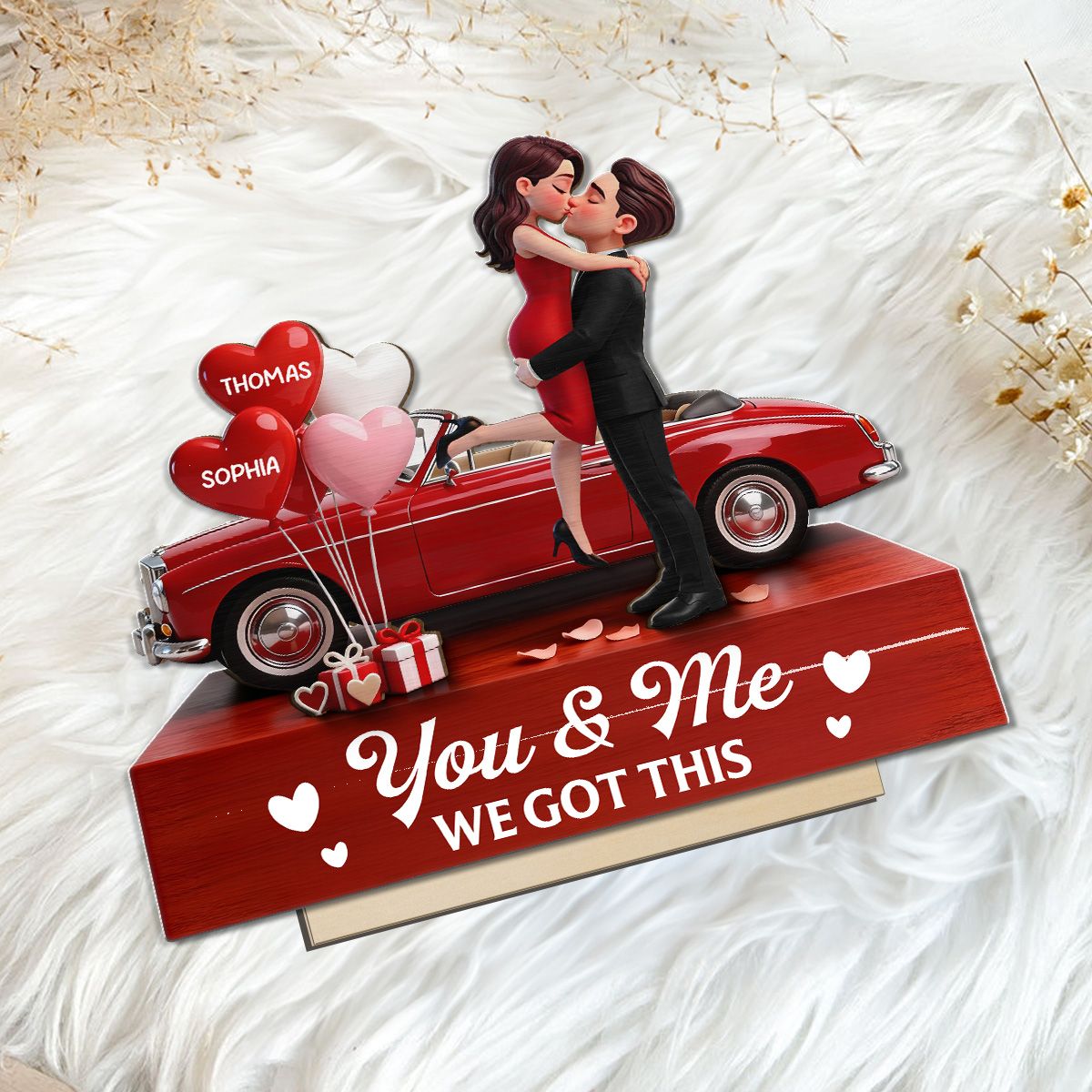 Valentine Car Romantic Couple Hugging Kissing - Personalized 2-Layered Wooden Plaque - Valentine's Day Gift For Couple