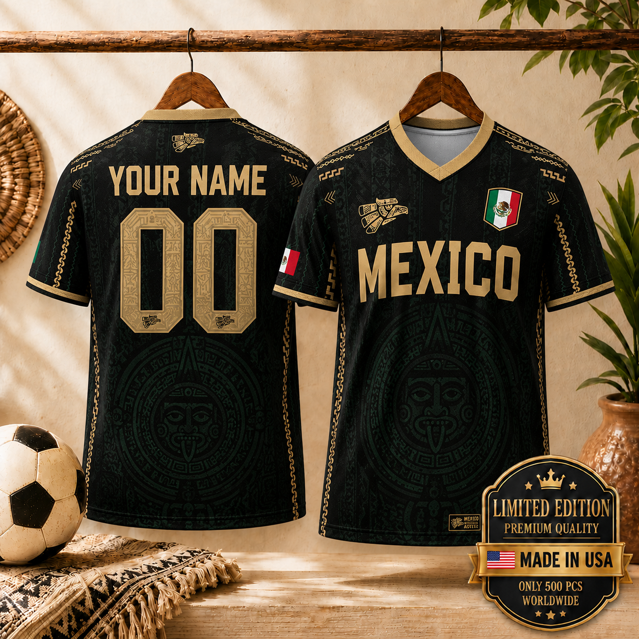 Black Gold Aztec Tribal Mexico Custom Jersey, Personalized Mexican Flag Soccer Uniform With Custom Name Number