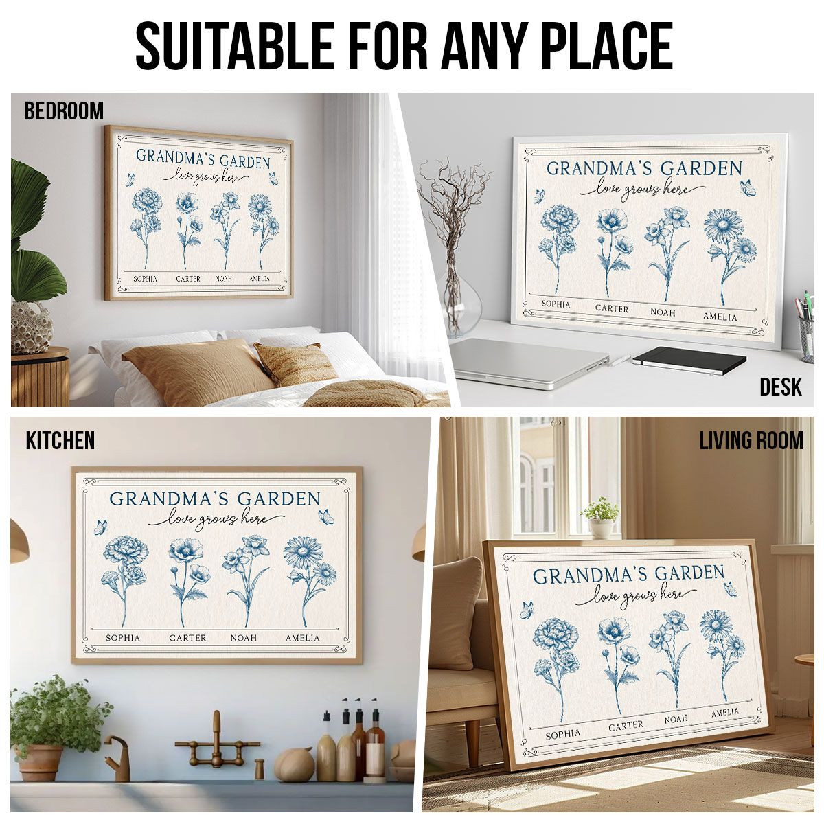 Grandma's Garden Retro Birthmonth Flower Personalized Canvas, Grandkids Names Floral Gift