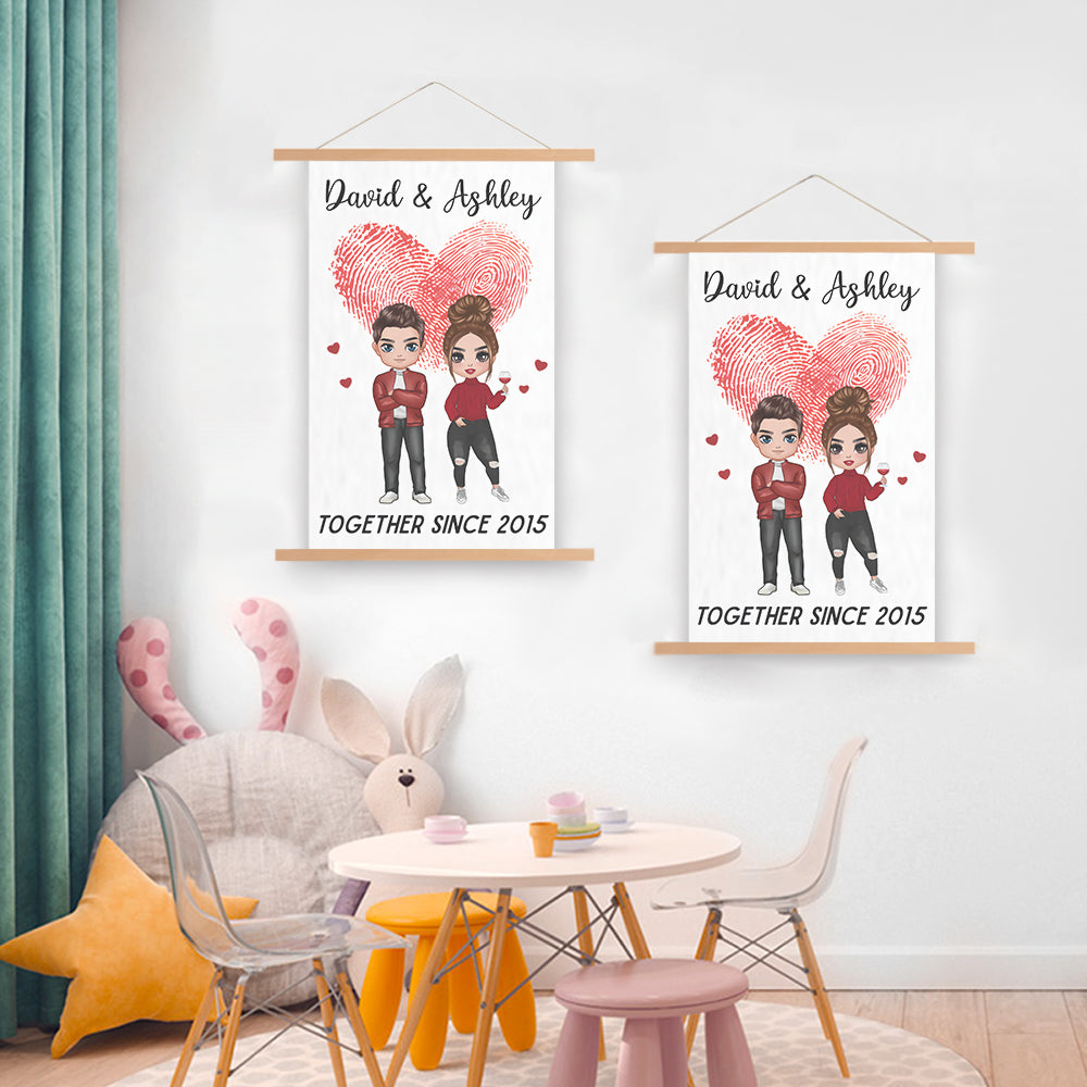 Doll Couple Together Since Anniversary Gift Personalized Wall Scroll Painting  With Wooden Poster Hanger
