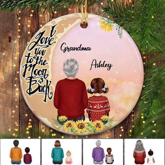 Grandma Grandkids On Moon Sunflower Personalized Circle Ornament