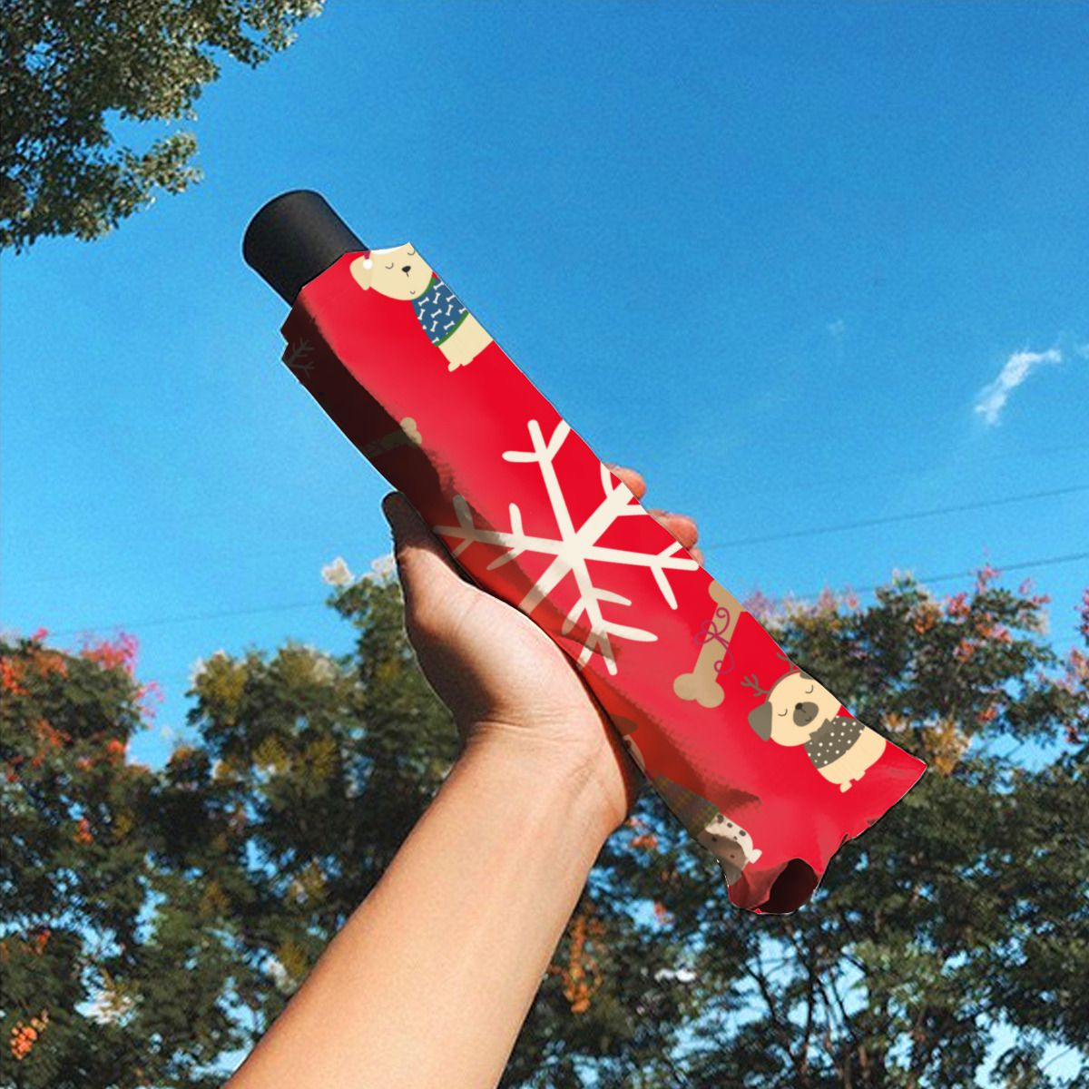 Cute Christmas Dogs Snowflakes Pattern Red Brushed Polyester Umbrella No.6TF69G