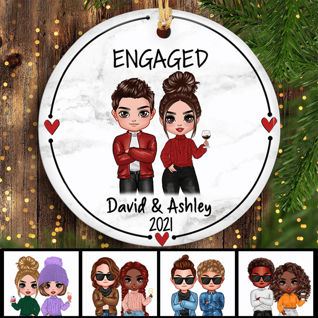 Engaged Married Doll Couple Wedding Anniversary Personalized Circle Ornament