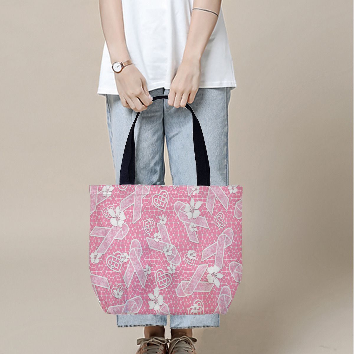 White Lace Pink Breast Cancer Awareness Canvas Bag No.3BRIGK