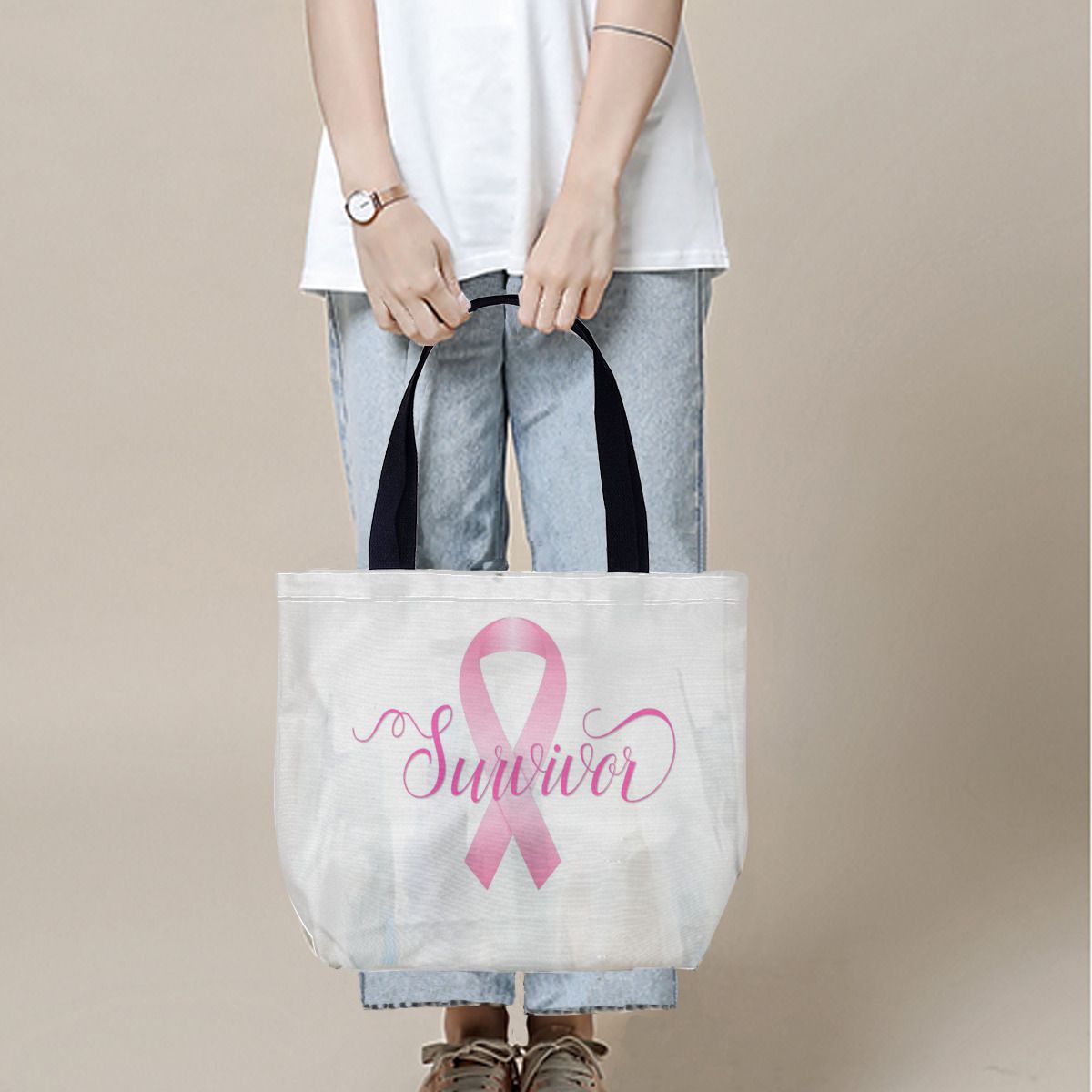 Pink Support Ribbon Breast Cancer Survivor Canvas Bag No.T2SRWP